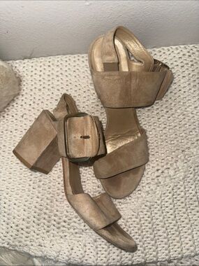 Stuart Weitzman Taupe Suede Block Heel Sandals with Buckle Detail